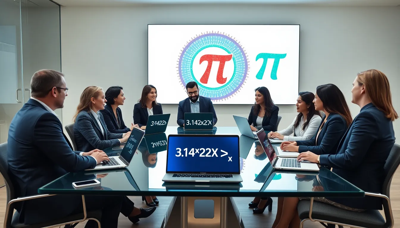 diverse team discussing mathematical concepts in a modern office.