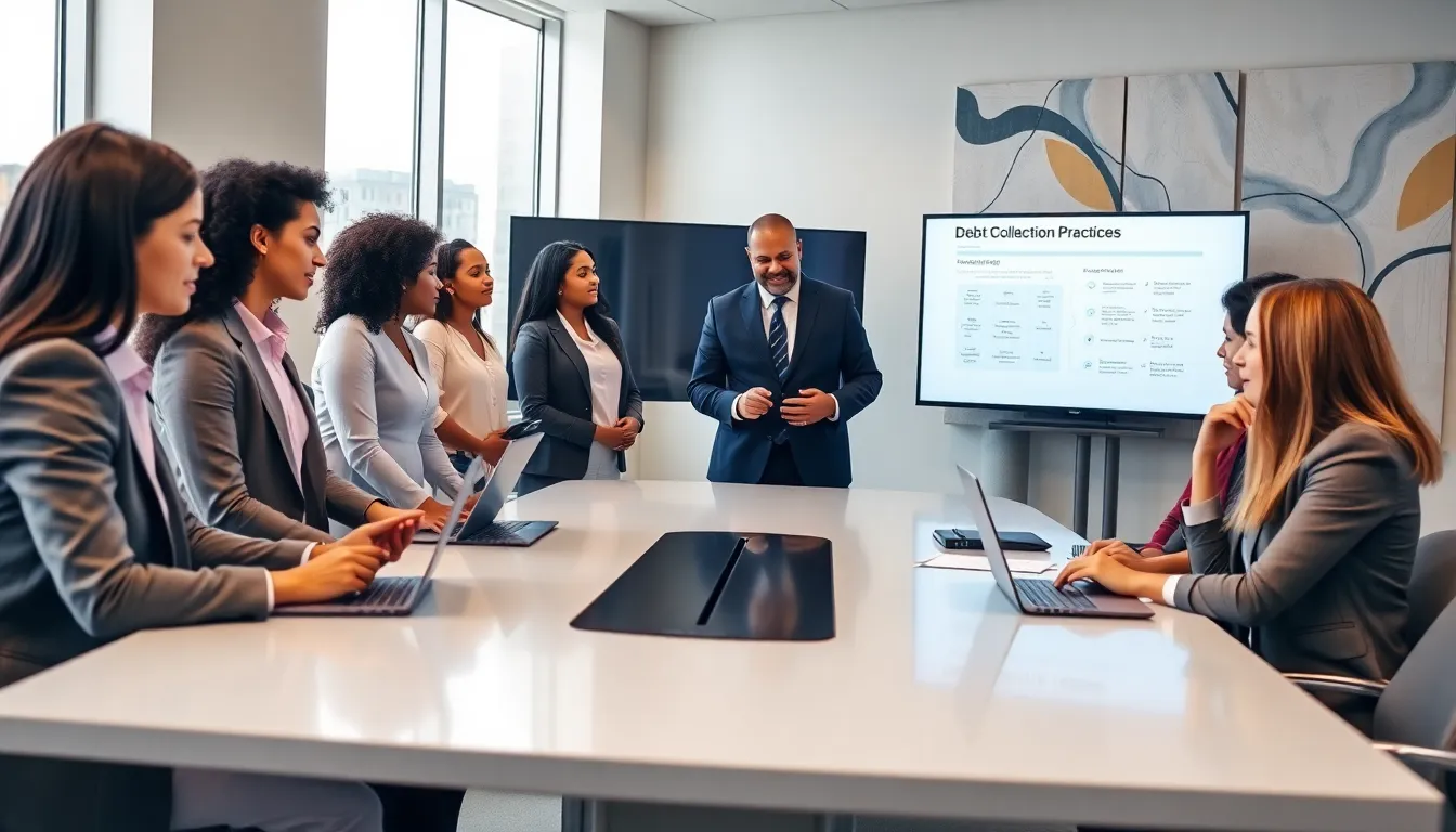 diverse team discussing debt collection practices in a modern office.