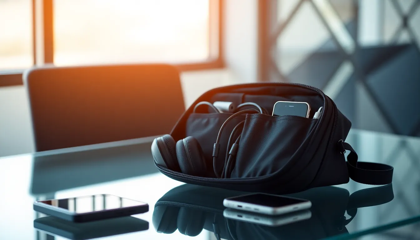 A stylish tech accessories bag filled with organized gadgets on a modern desk.