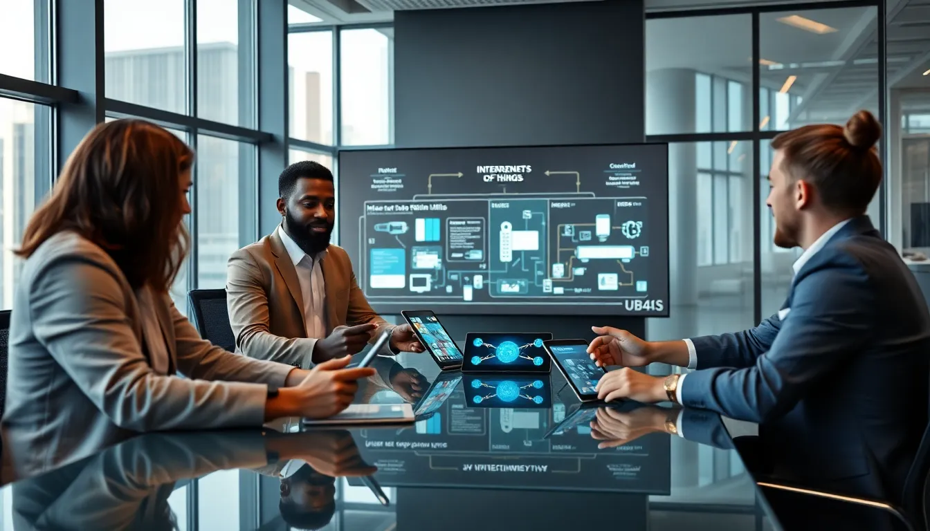 diverse team discussing IoT solutions in a modern office.