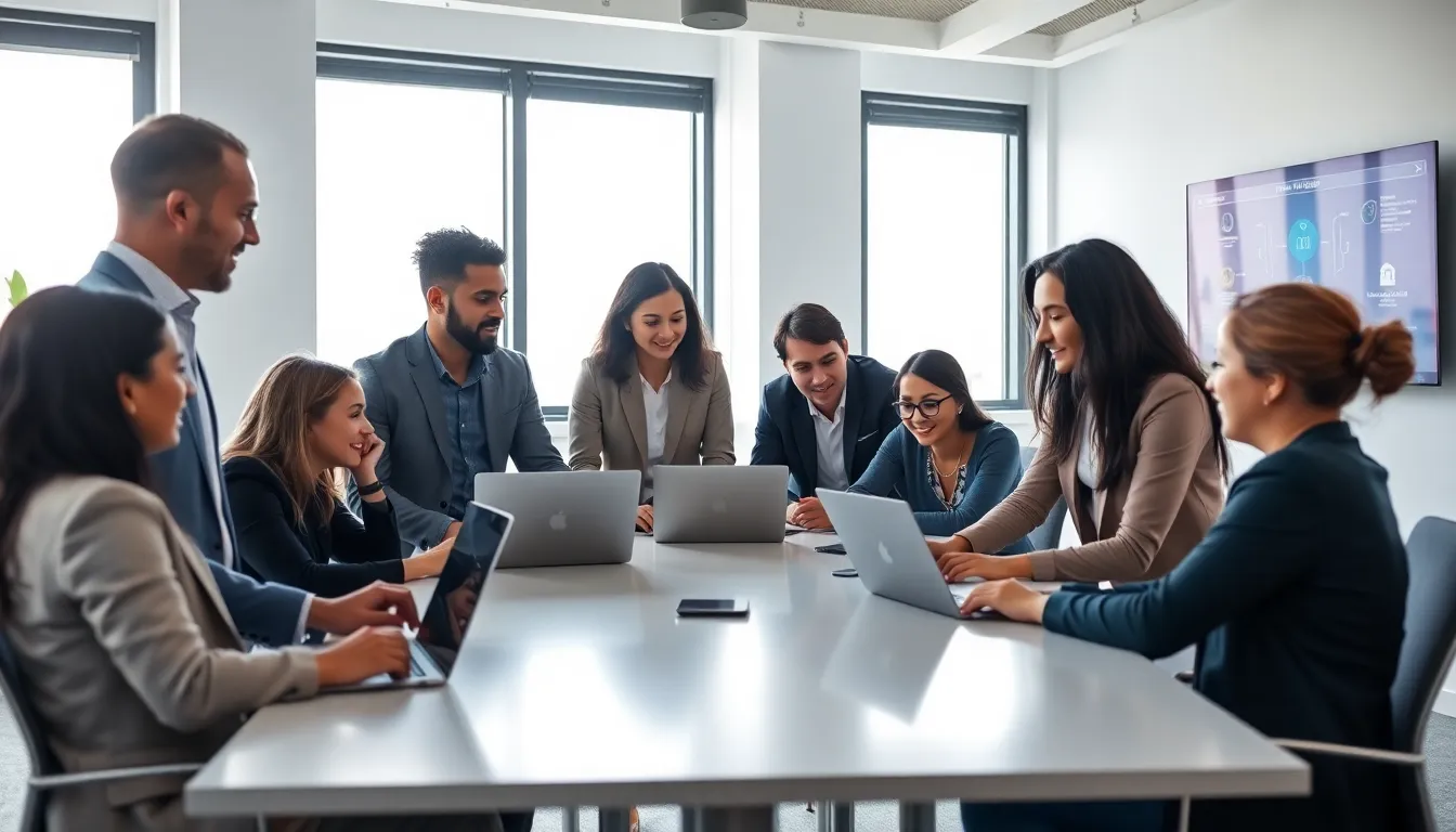 diverse team collaborating in a bright, modern office.