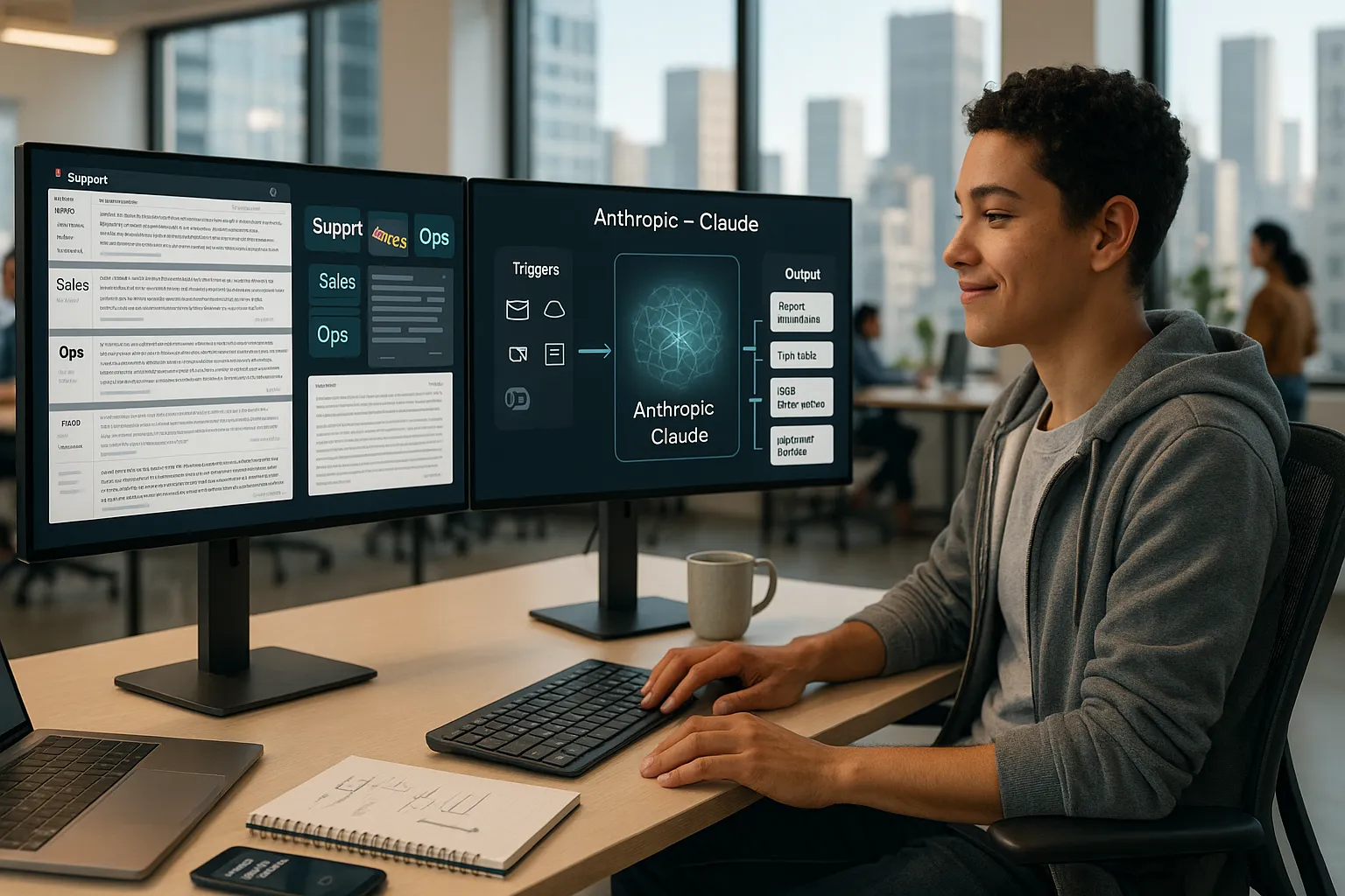Office worker watching Anthropic automate messy text into clear, organized workflow outputs.