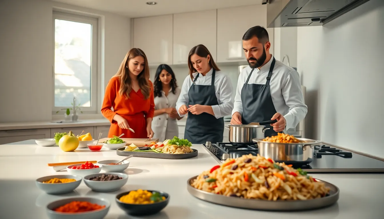 diverse group preparing Indian dishes in a modern kitchen.
