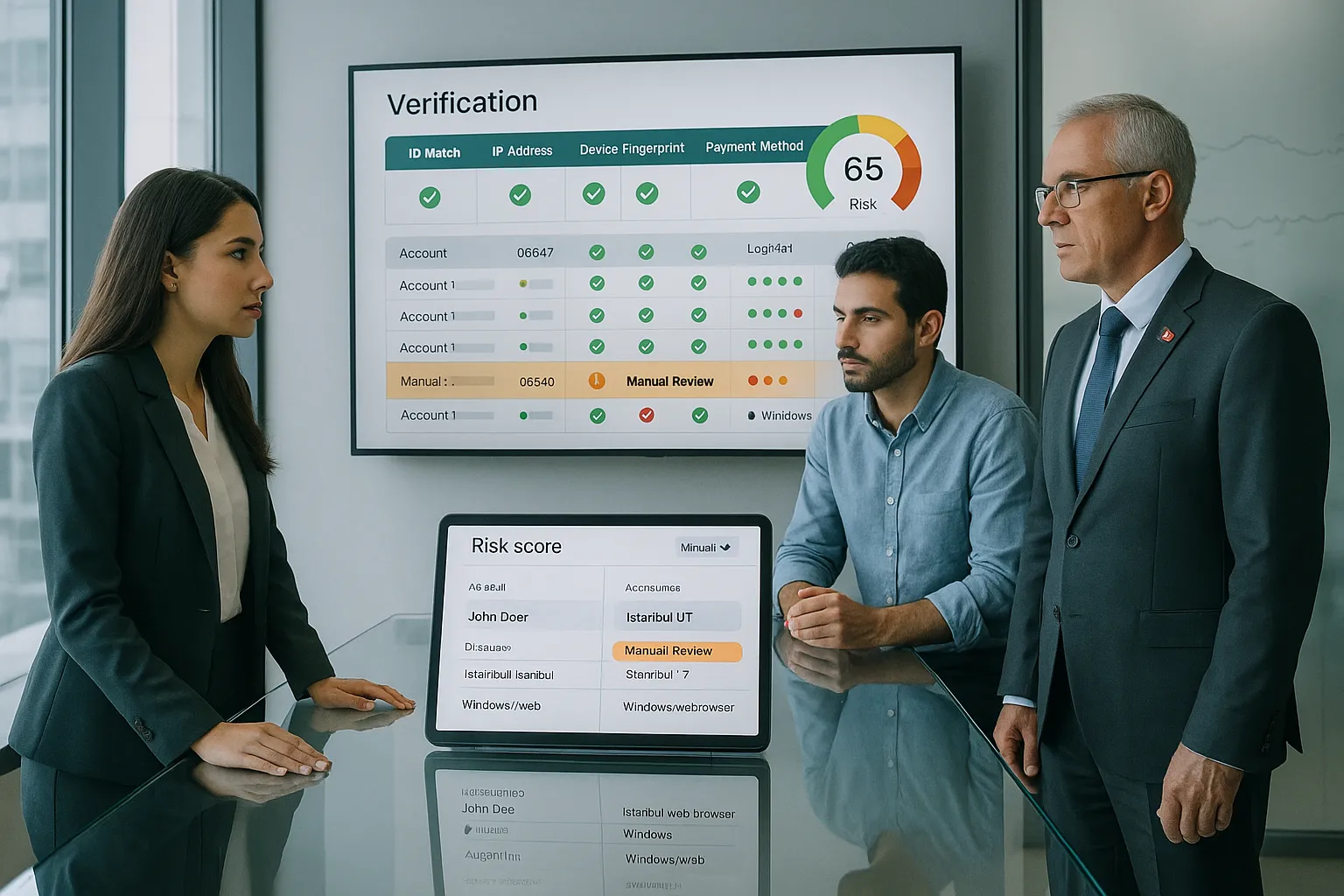 Compliance team reviewing a verification dashboard in a modern office.