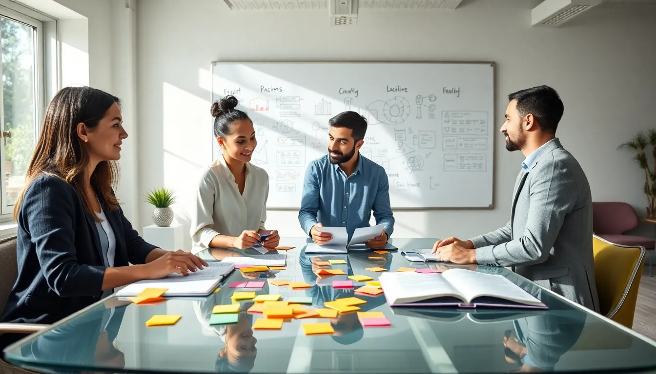 diverse team brainstorming in a modern office.