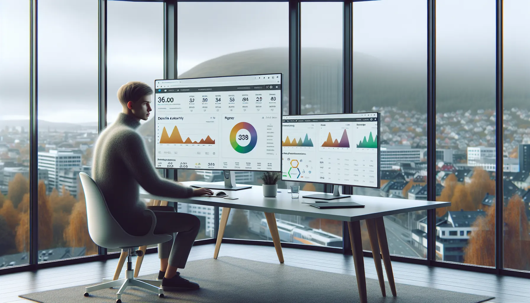 Norwegian seo specialist analyzing domain trust and authority metrics on dual monitors.
