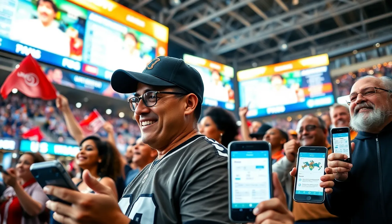 fans interacting with sports analytics in a lively arena.