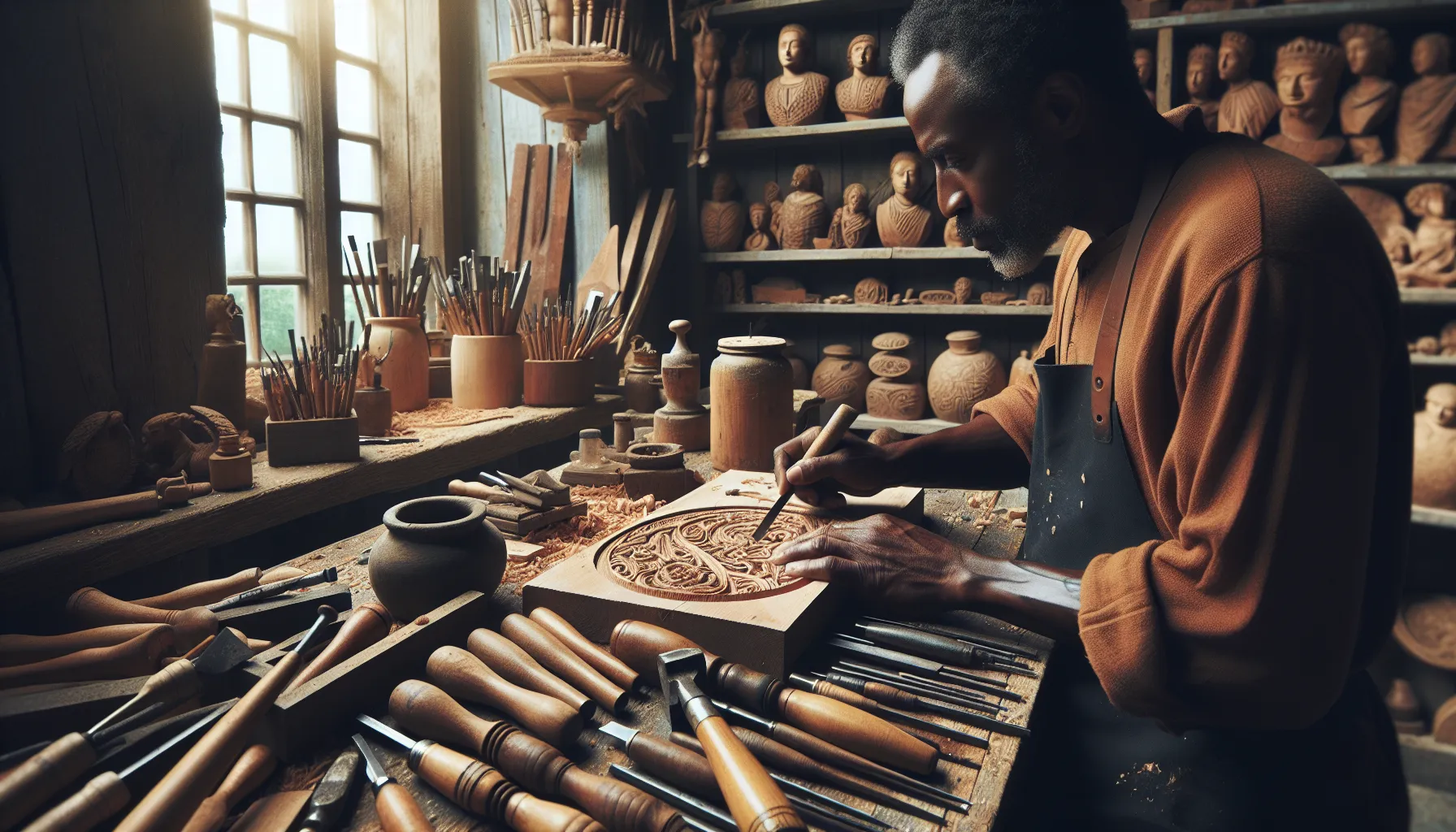 An artist carving intricate designs into wood in a well-lit workshop.
