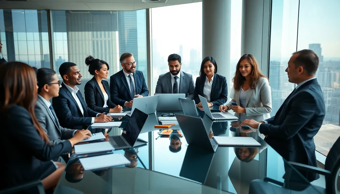 diverse professionals discussing in a modern office setting.