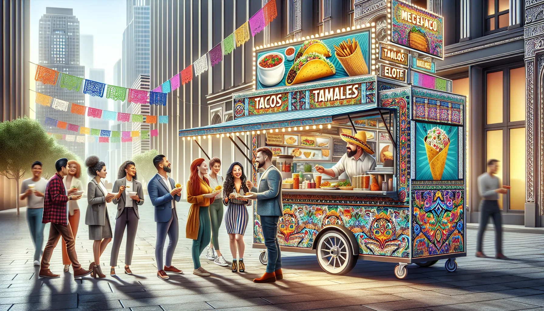 diverse vendors selling authentic Mexican street food in a city setting.