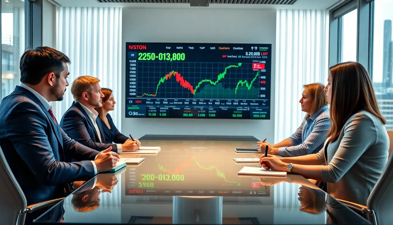 investors discussing stock market trends in a modern conference room.