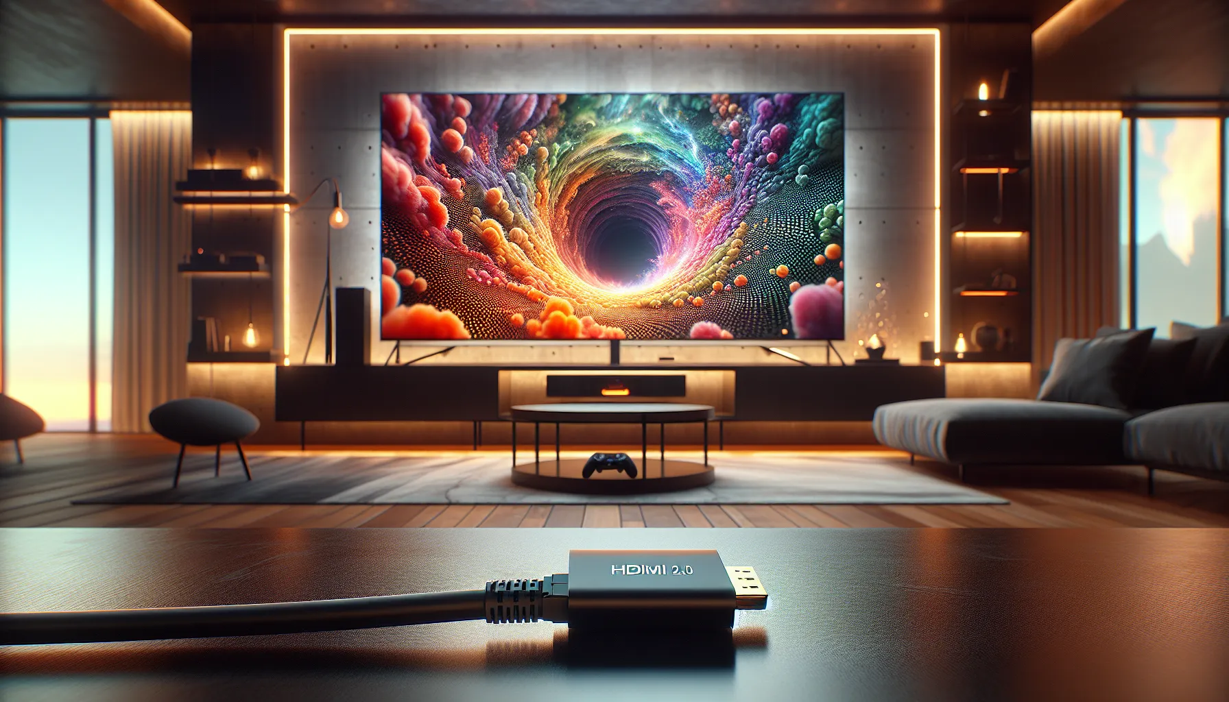 A contemporary living room setup featuring a 4K television and connected devices.