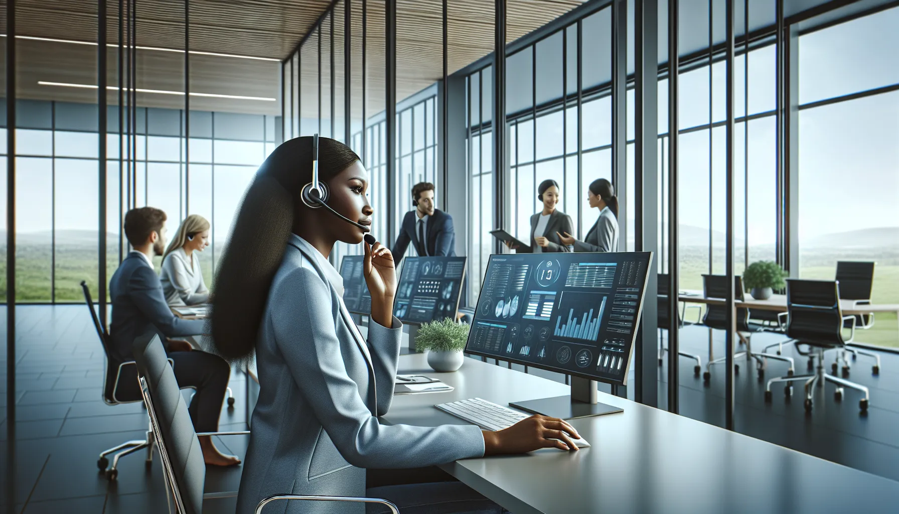 professional on a headset in a modern office engaging in customer service.