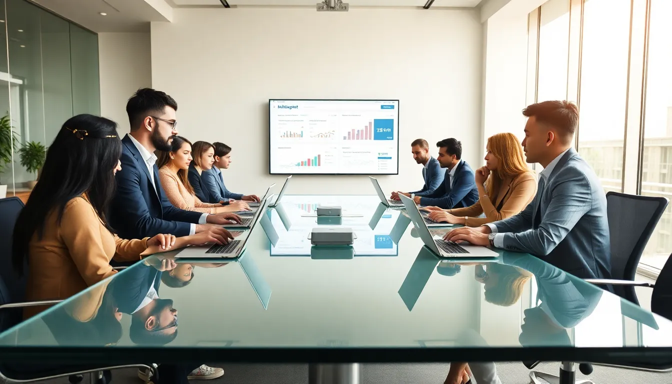 team collaborating in a modern office using WebBizMagnet tools.