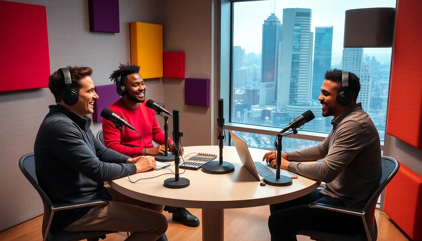 diverse podcasters discussing pop culture in a modern studio.