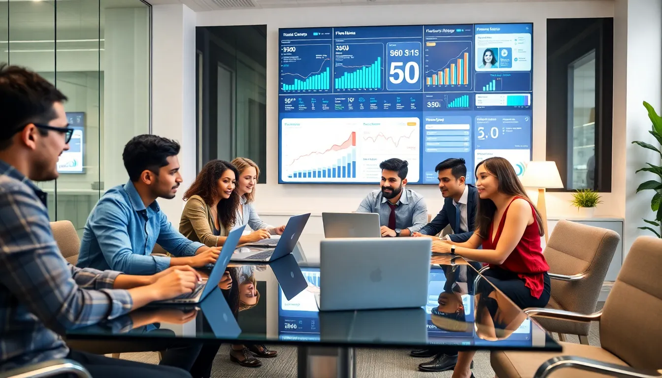 diverse team discussing SEO strategies in a modern office.