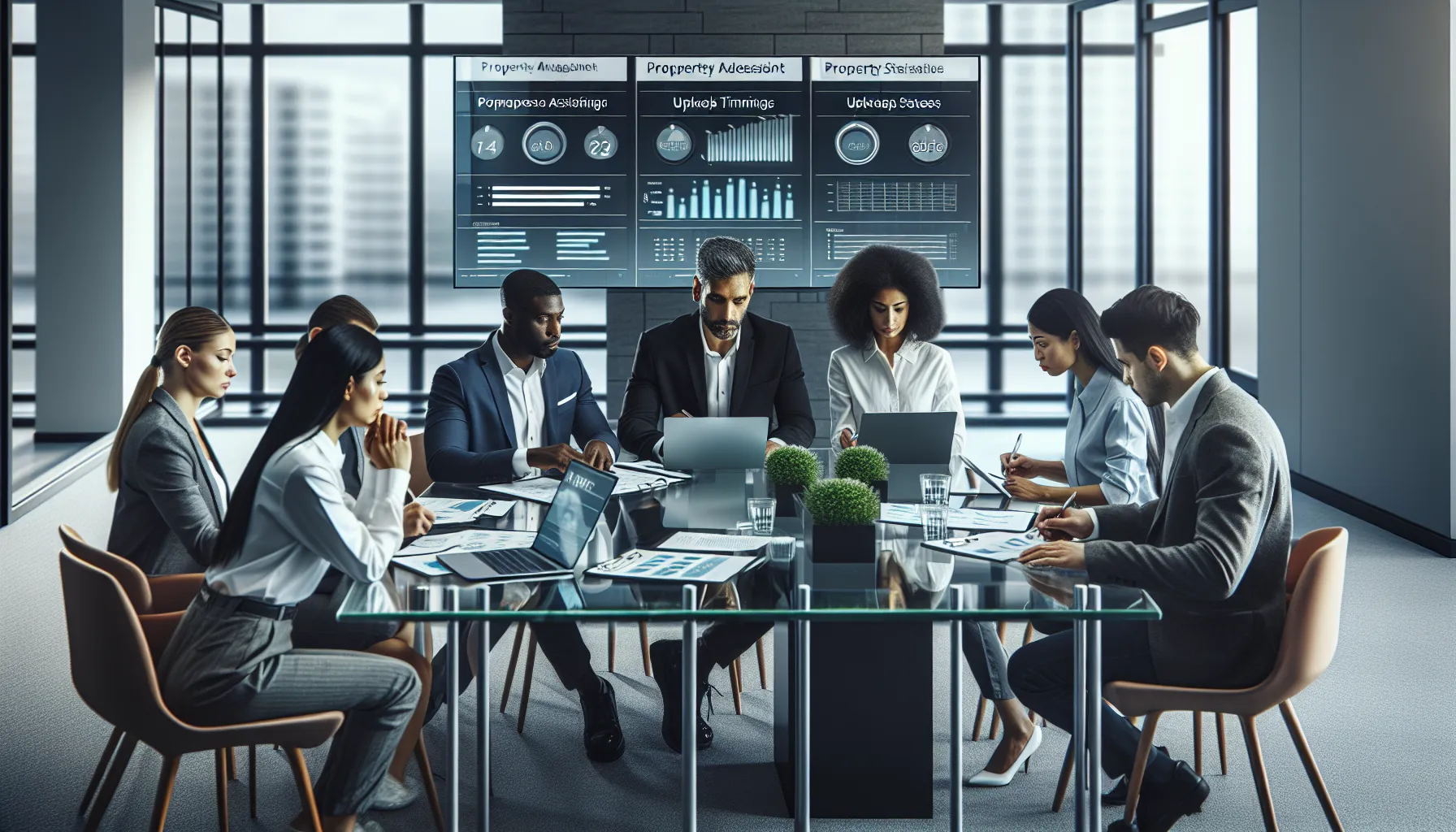 diverse team discussing property management strategies in a modern office.