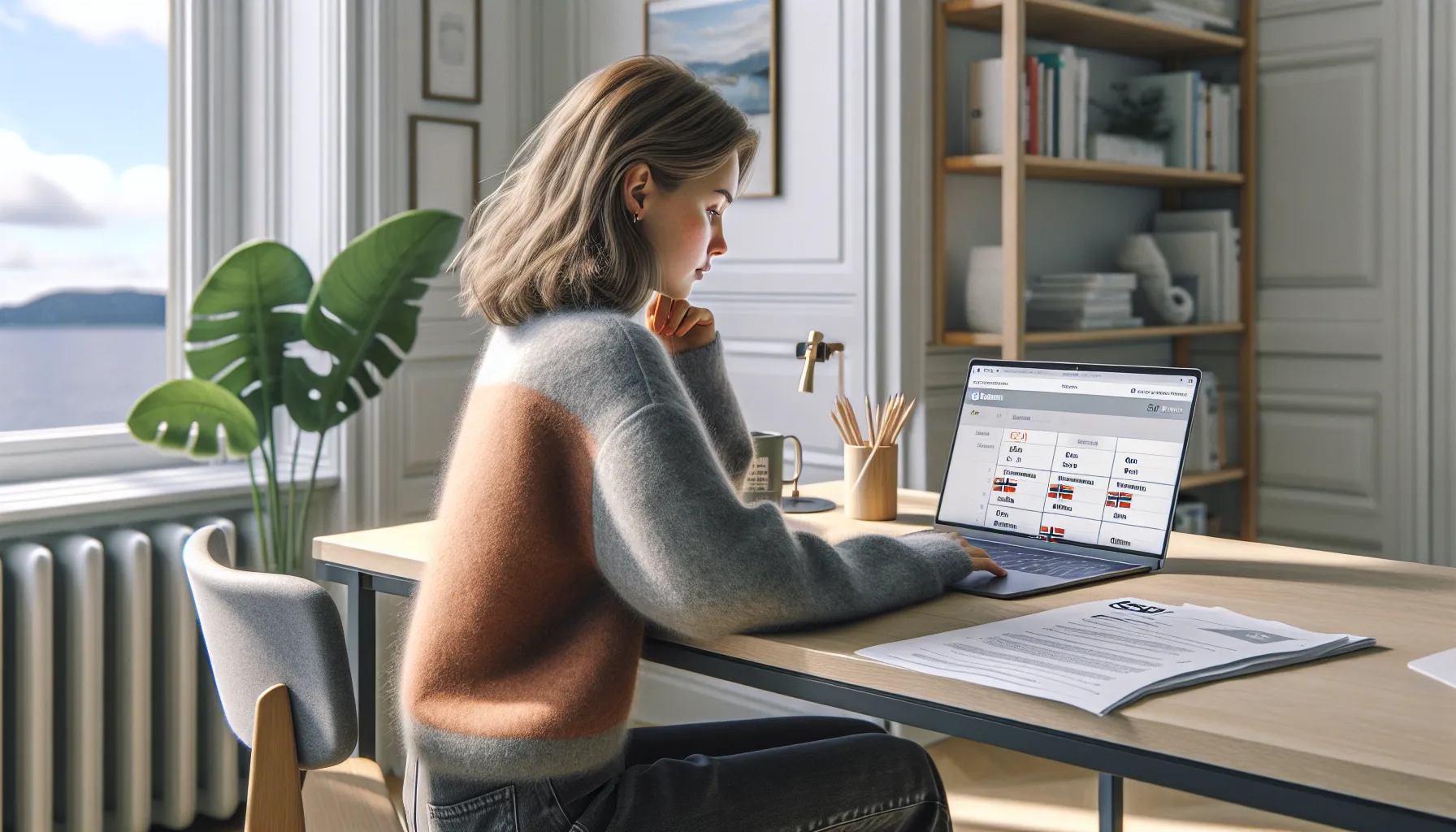 Young adult in norway evaluating an online course and documents for an important test.