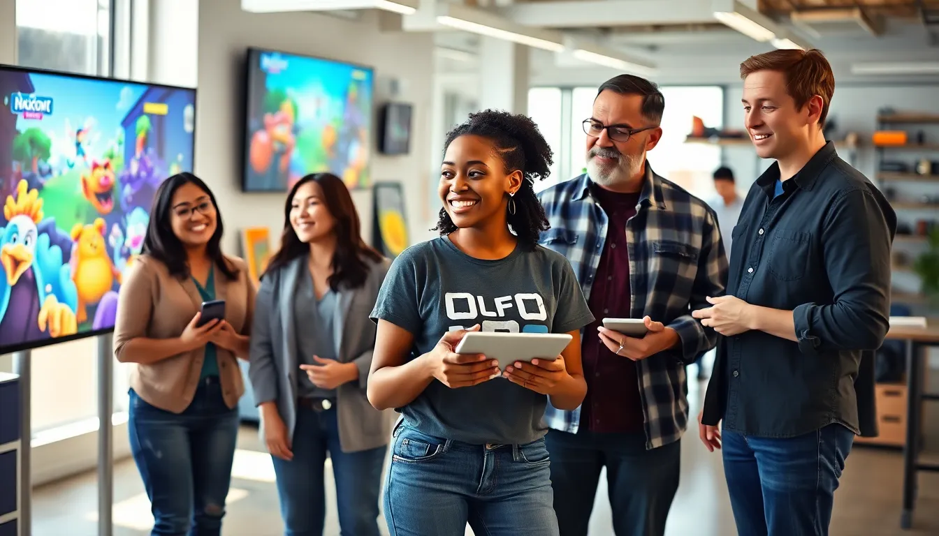 a diverse team brainstorming in a vibrant video game office.