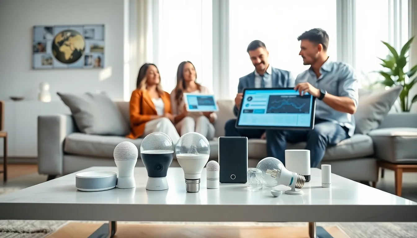 diverse professionals discussing smart home security in a modern living room.