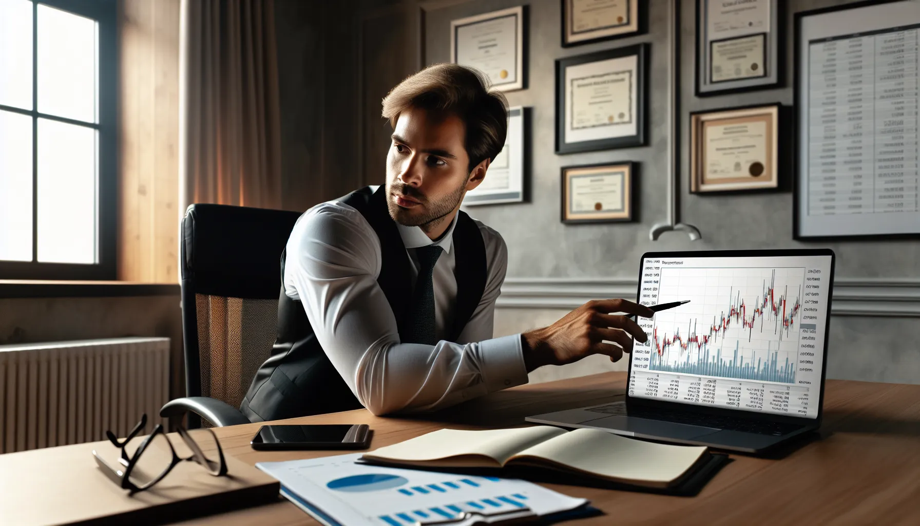 A financial advisor analyzing investment strategies at a desk.