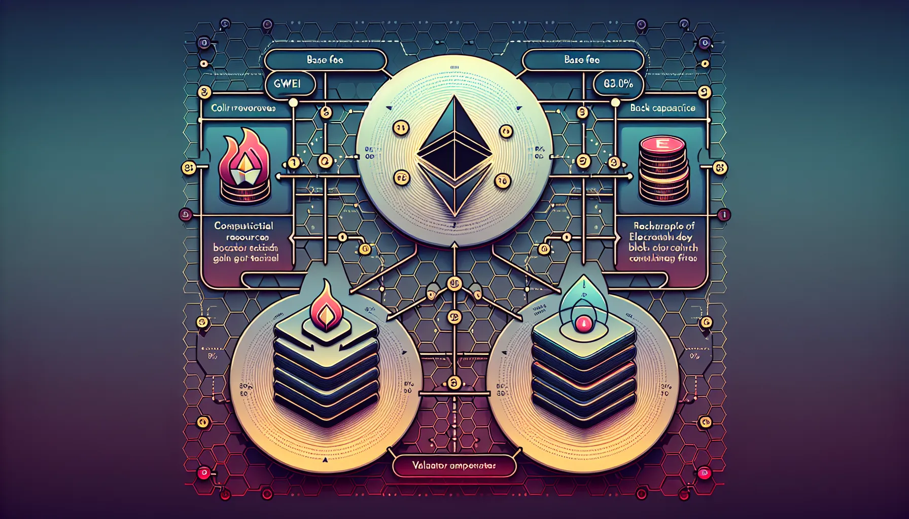 Layered infographic showing Ethereum gas fee calculation structure with base fees and validator tips.