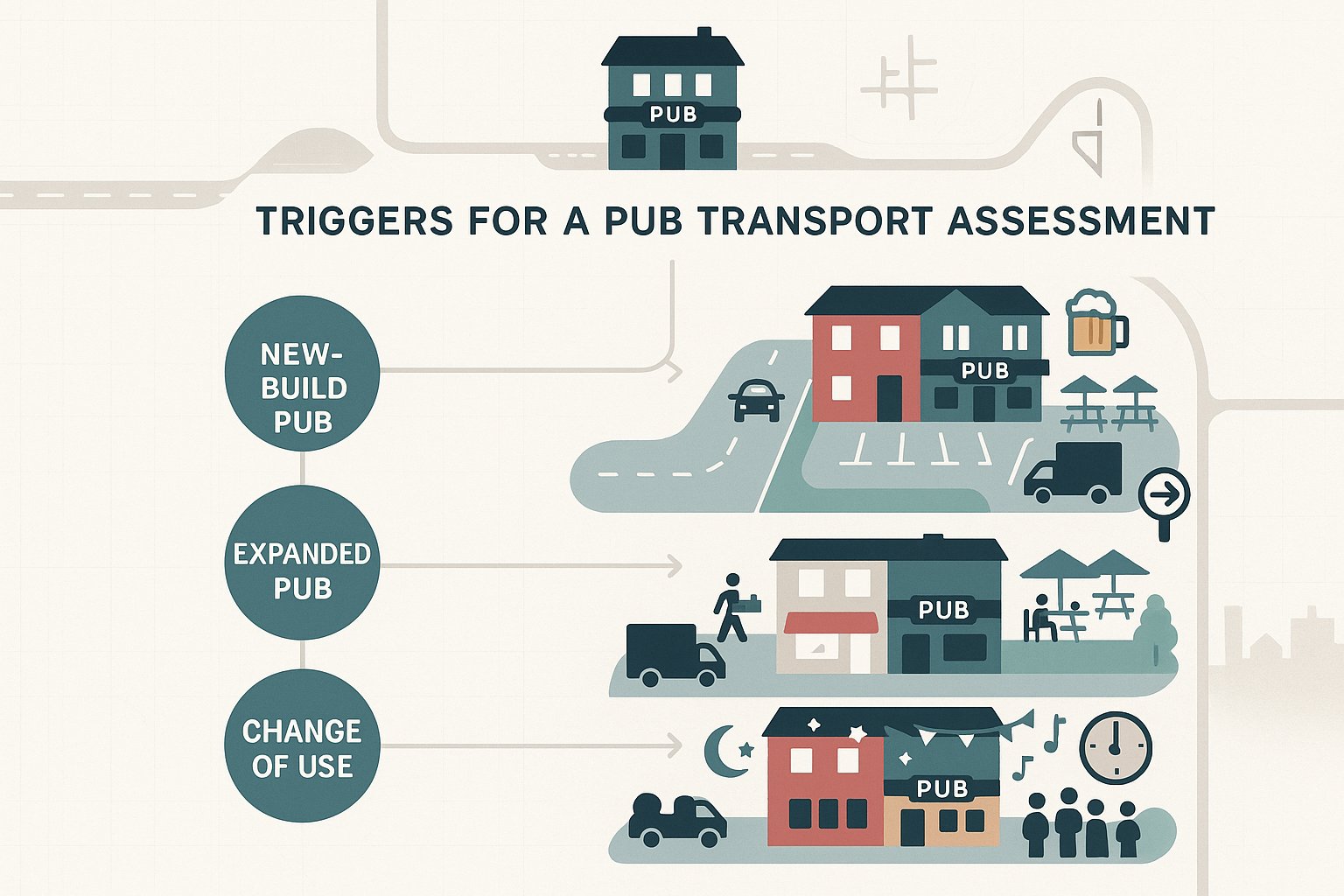 Infographic showing four planning scenarios that trigger a pub transport assessment.