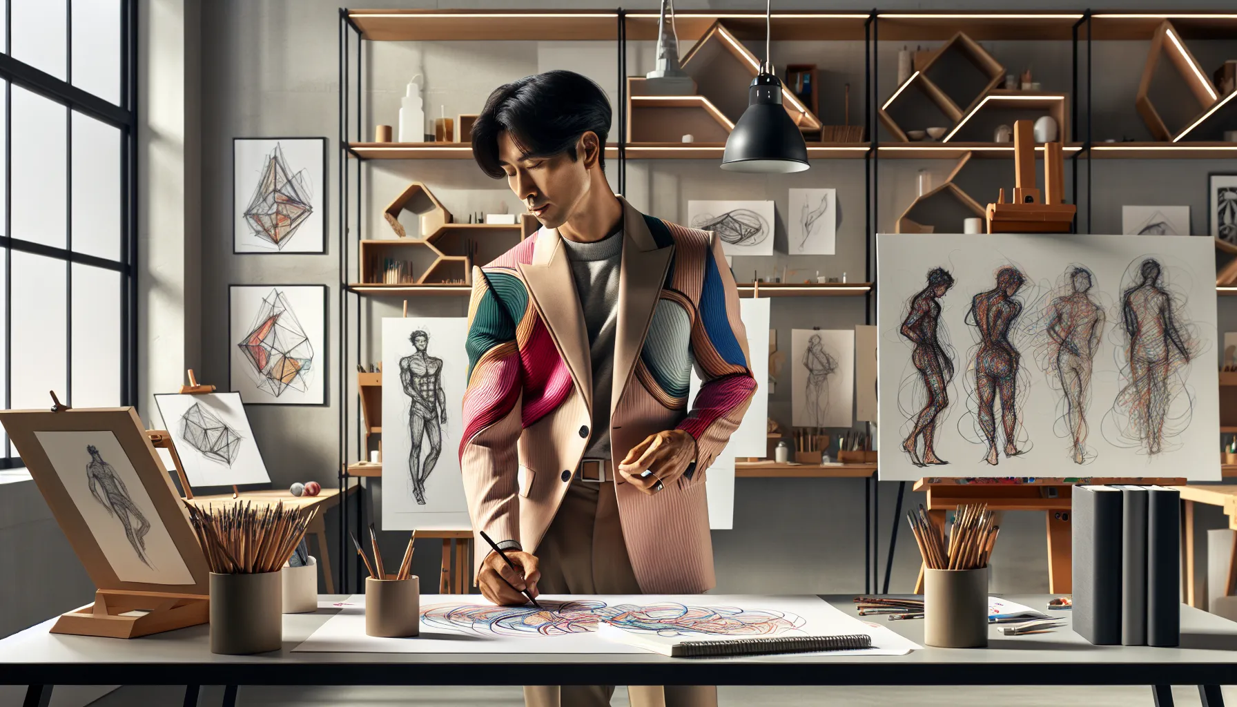 artist's workspace displaying various types of art outlines.