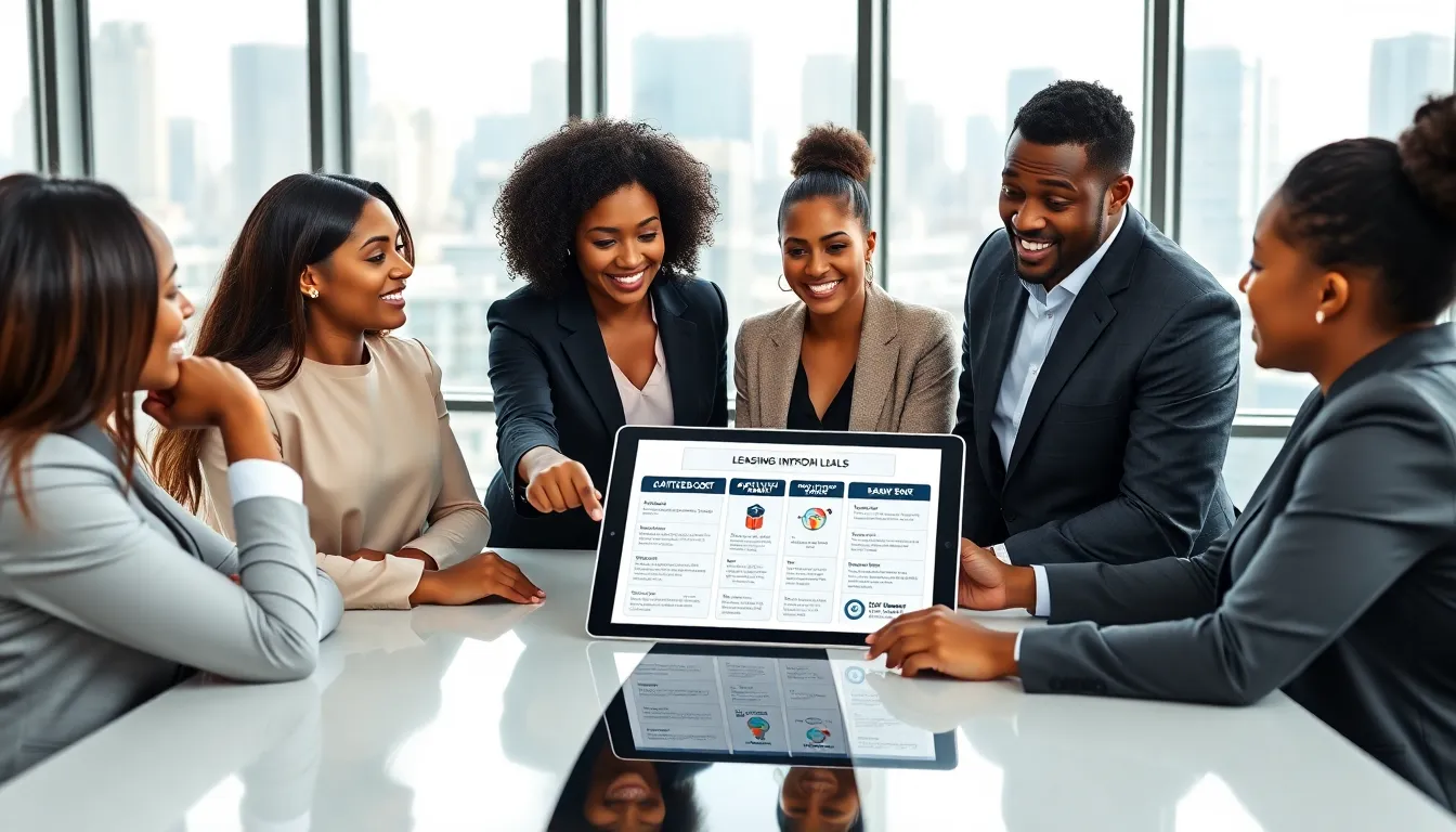 professionals discussing Jeep Cherokee lease options in a modern office.