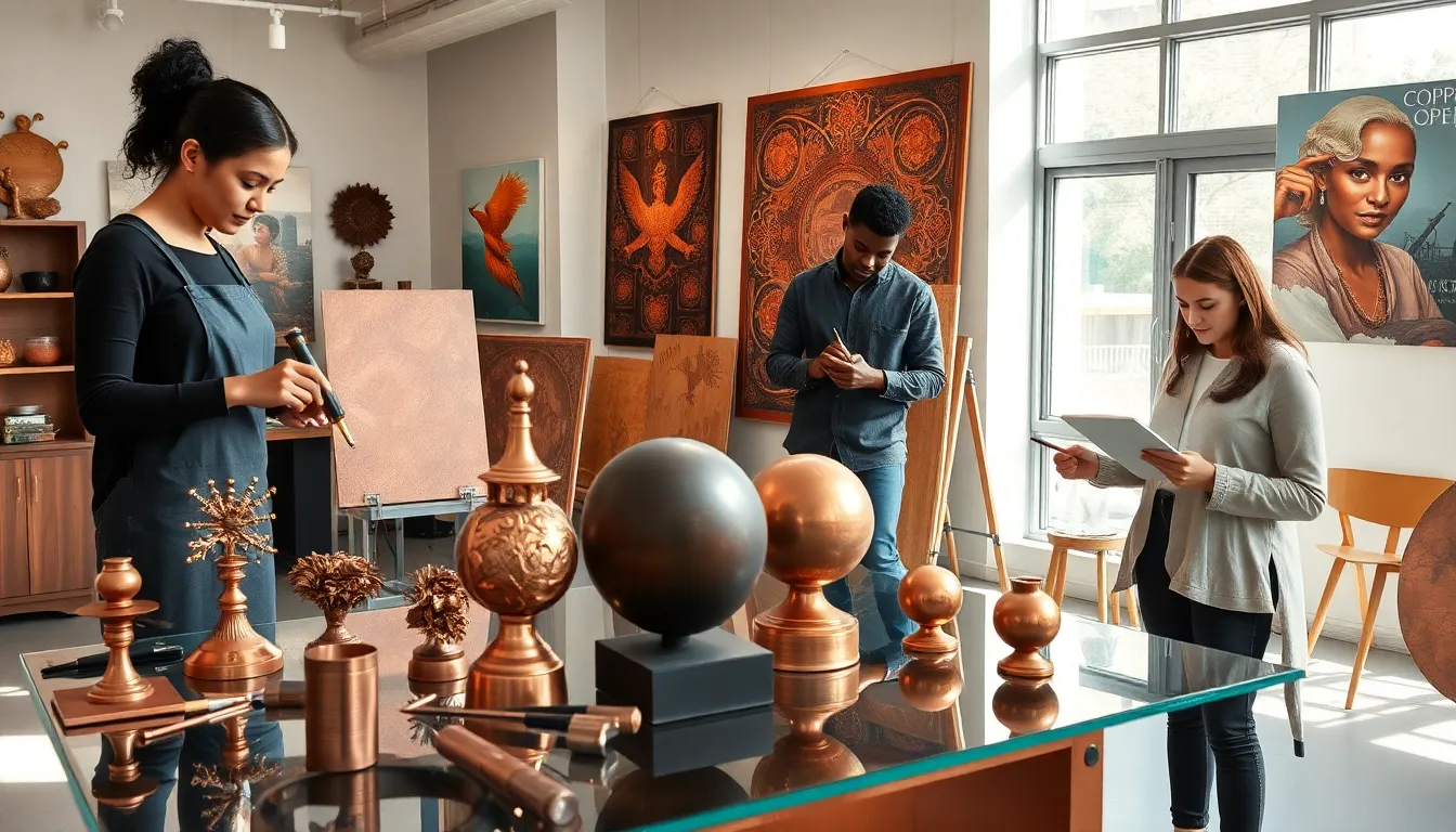 diverse artists working with copper in a modern studio setting.
