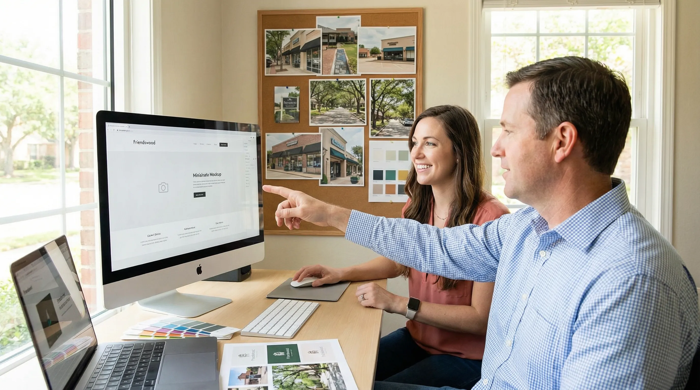 Designer and client reviewing a custom website layout featuring local Friendswood imagery in a modern office.