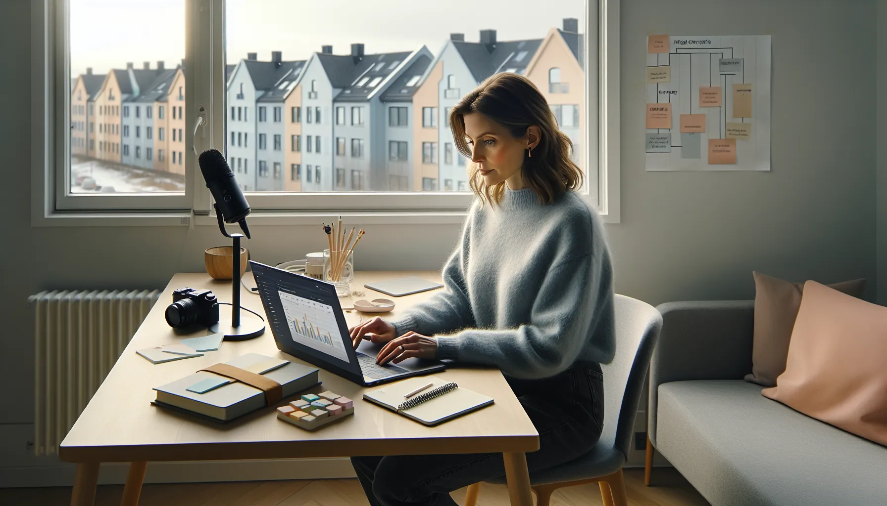 Norwegian course creator planning goals and audience at laptop before choosing tools.