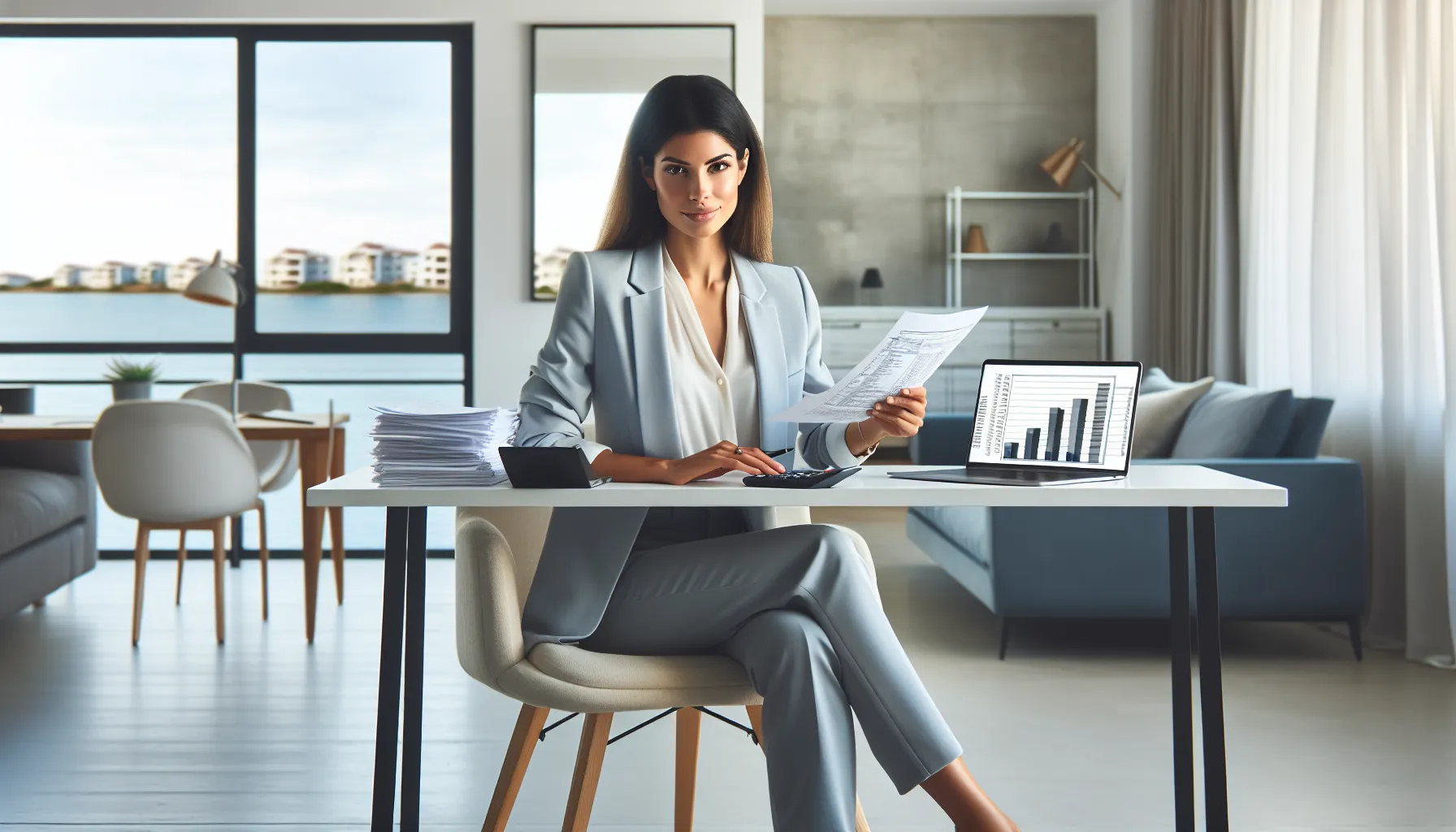 Croatian entrepreneur managing apartment rental finances at modern office desk