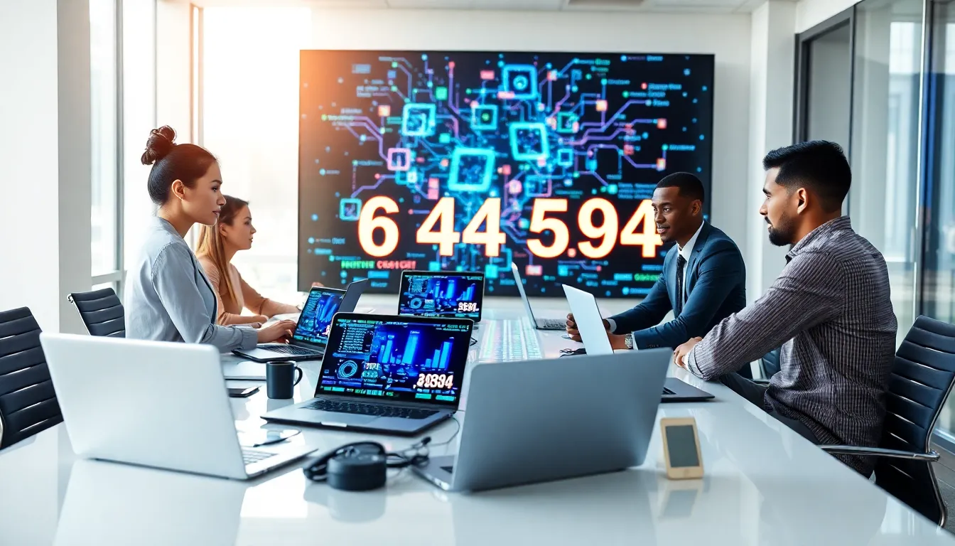 diverse professionals collaborating on data analysis in a modern office.