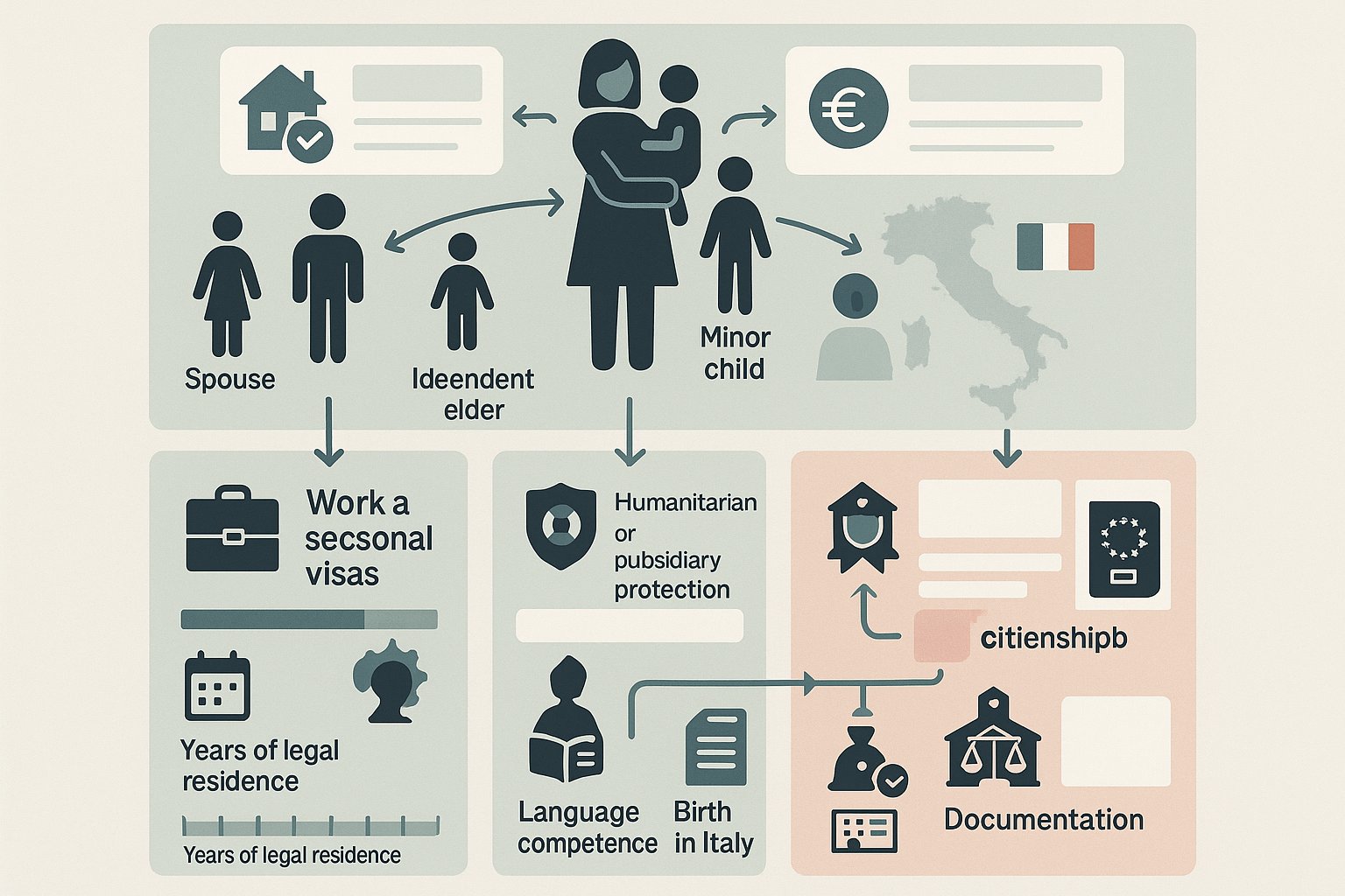 Infografica che mostra i percorsi verso la residenza, il ricongiungimento familiare e la cittadinanza in Italia.