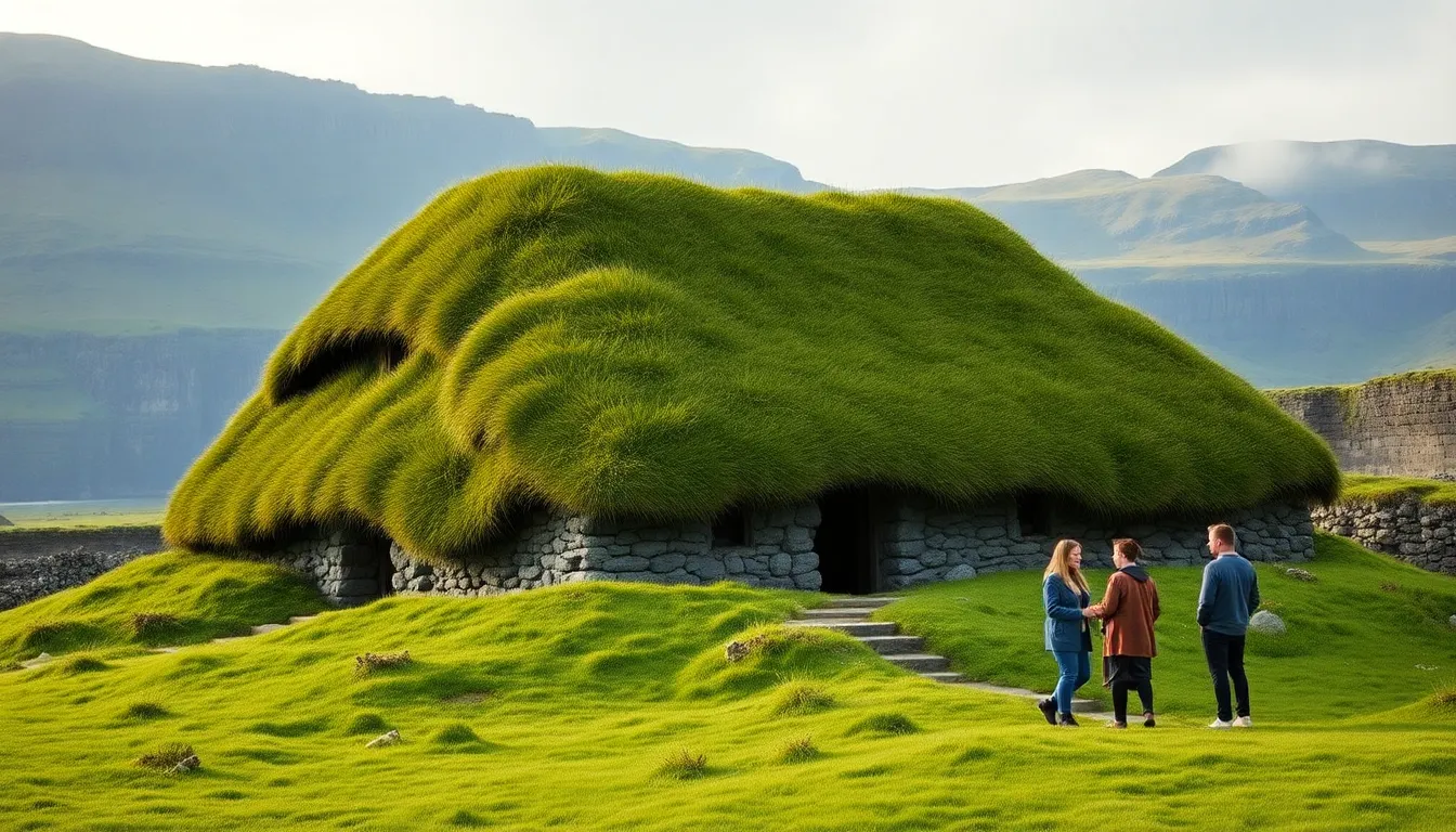 traditional Icelandic turf house surrounded by lush landscape and community members.