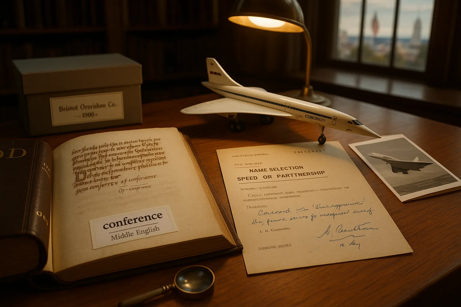 archival table with manuscript page, Concorde memo, and model airplane