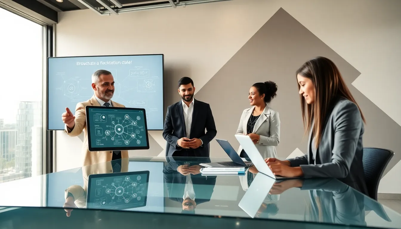 diverse team collaborating on blockchain technology in a modern office.