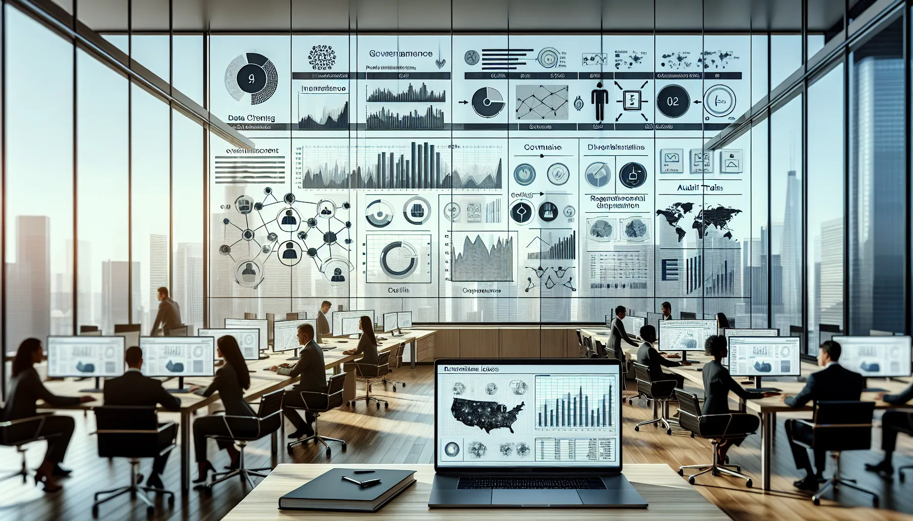 Analytics team reviewing Tableau dashboards and complex automated reports in a modern office.