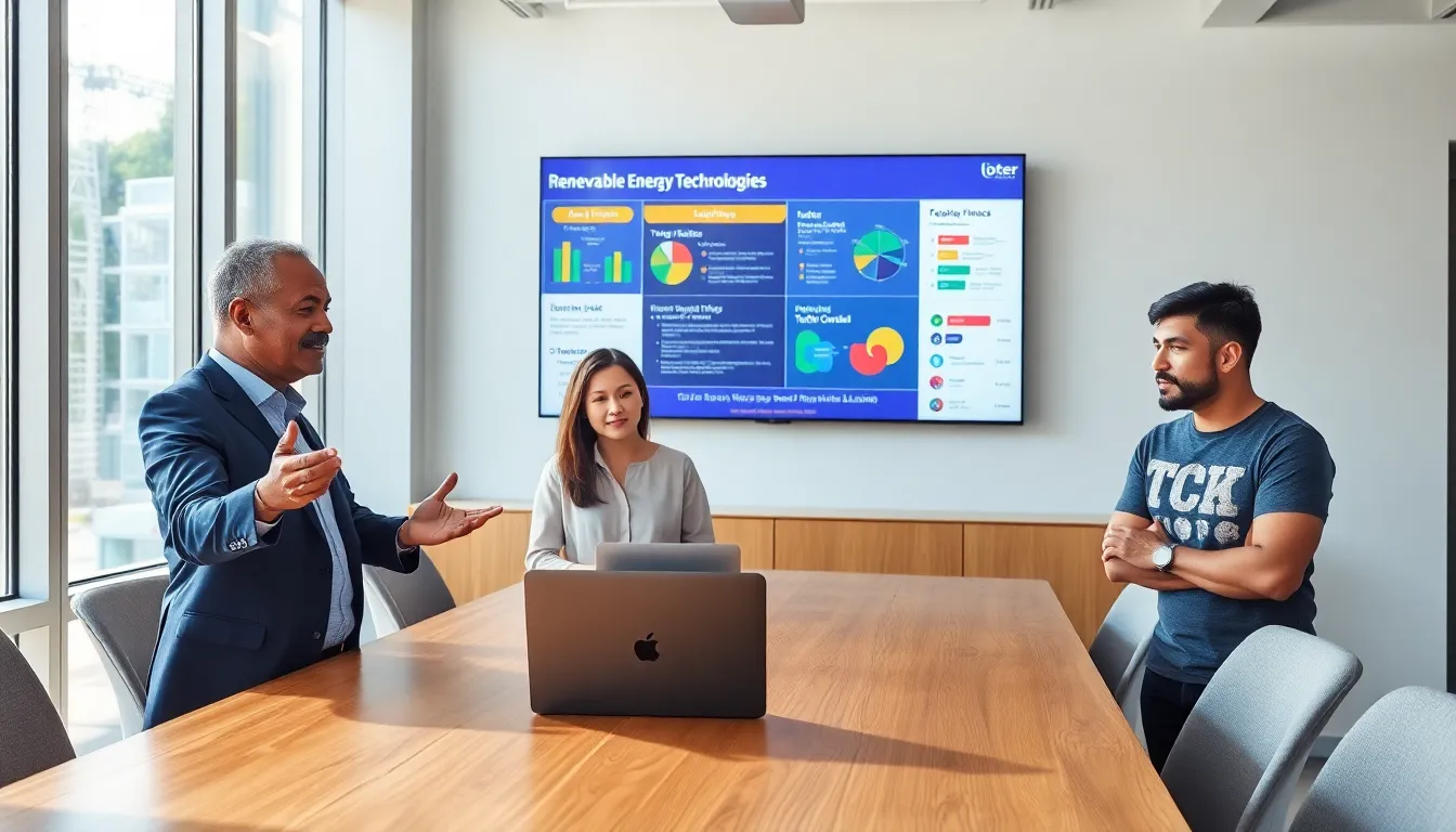 four diverse professionals engaged in a discussion about power technology.