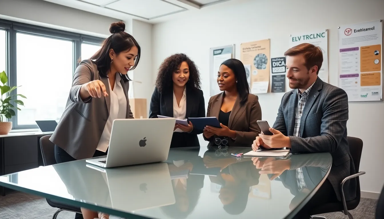 professionals discussing electric vehicles in a modern office.