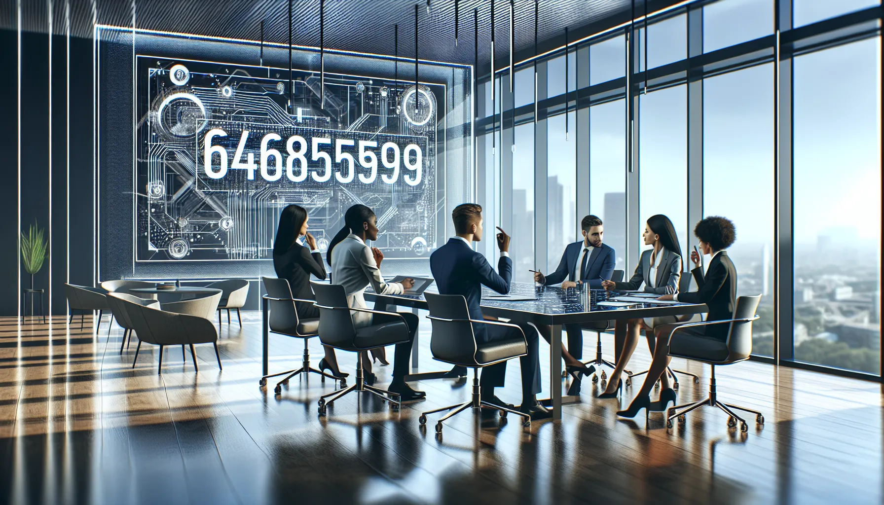 diverse team brainstorming in a modern office around a digital display.