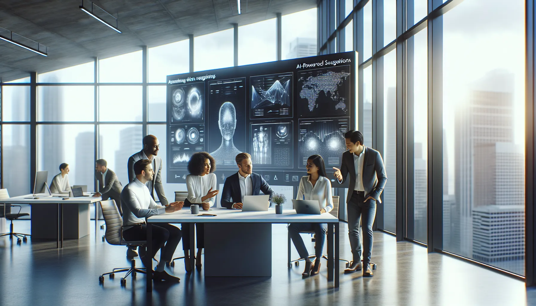diverse team collaborating in a modern office with high-tech devices.
