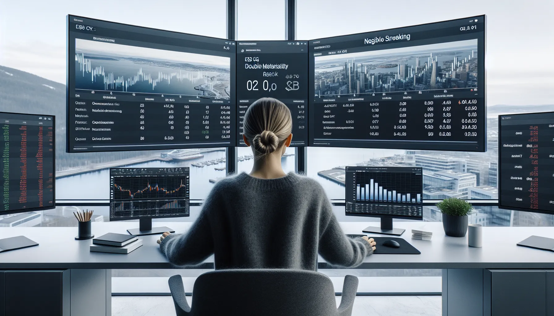 Norwegian analyst comparing financial charts and esg metrics on dual monitors.