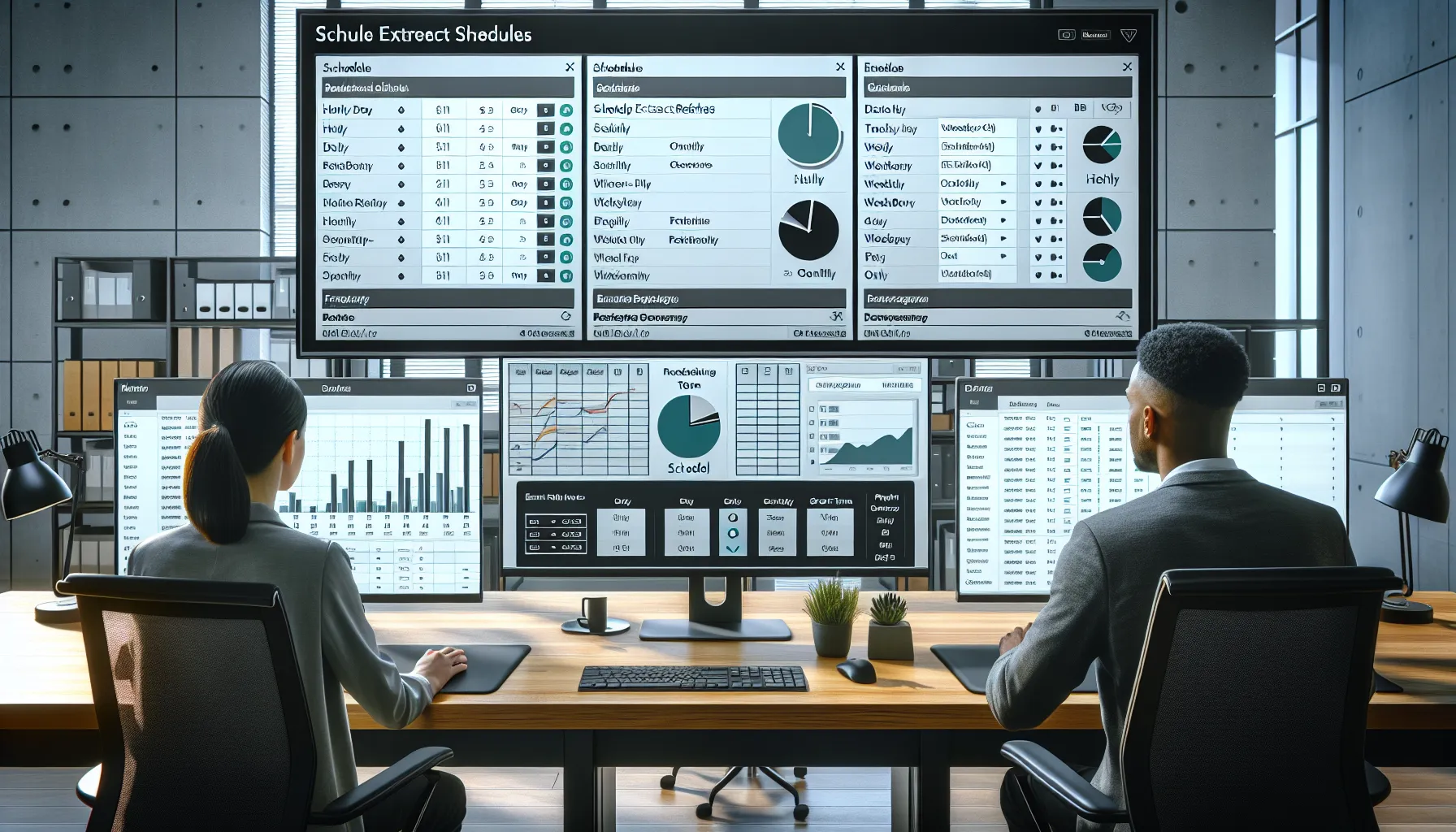 Two analysts configuring Tableau extract refresh schedules on dual monitors in a modern office.