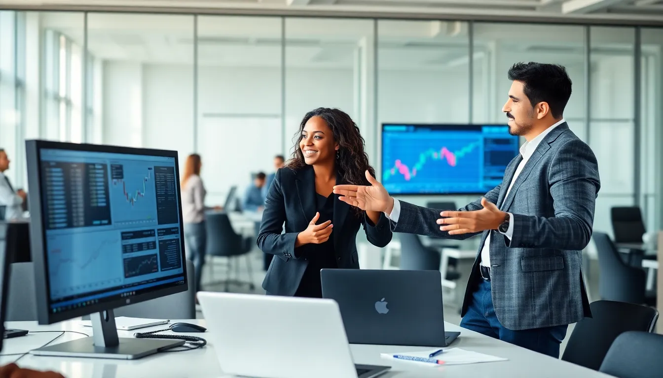 diverse professionals collaborating in a modern trading office.