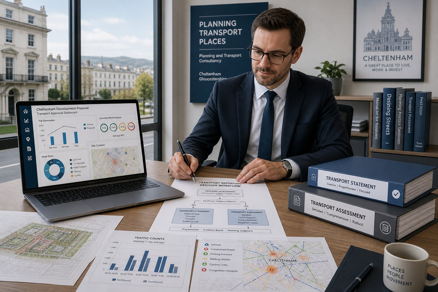 Traffic engineer reviewing transport assessment options for a Cheltenham planning application.