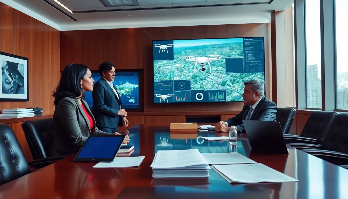 diverse lawmakers discussing drone legislation in a modern office.