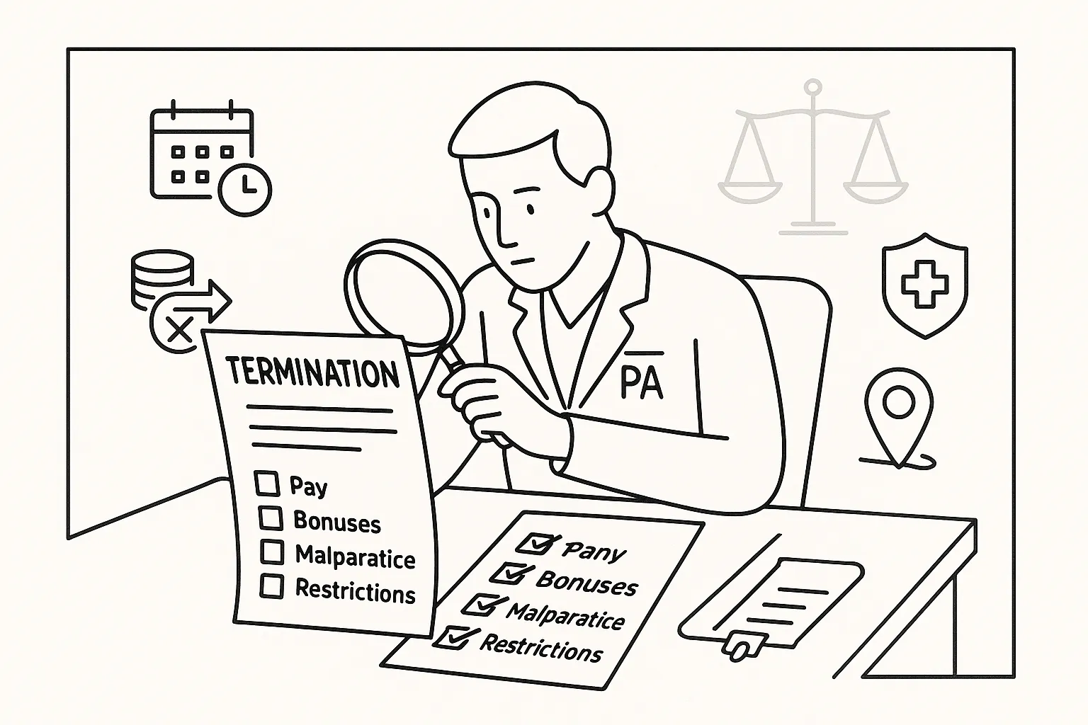 Physician assistant closely reviewing a termination clause in a contract of Physician Assistant Contract Termination Review.