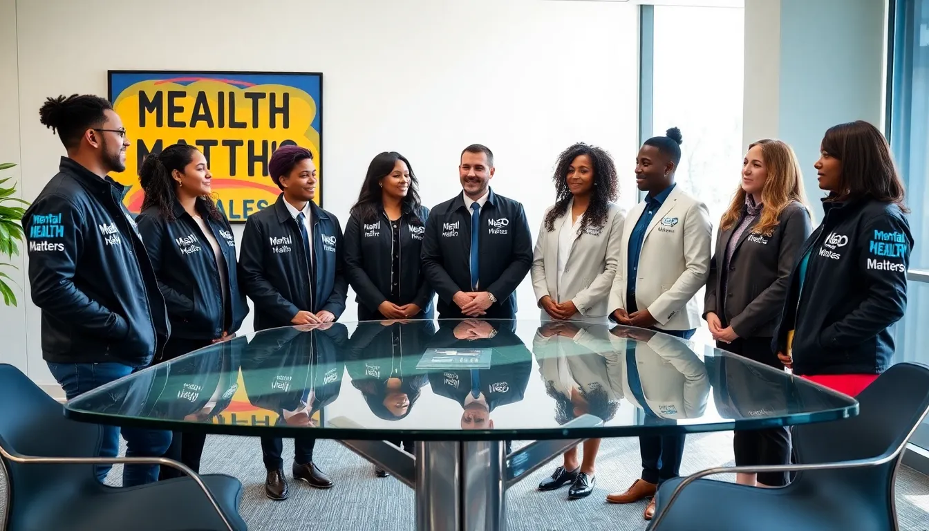diverse professionals discussing mental health awareness in an office.